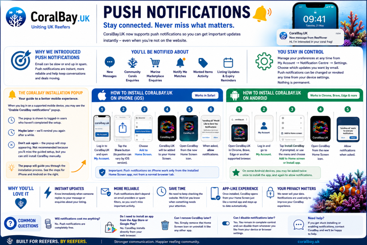 CoralBay.UK Push Notifications – Install & Never Miss Reefing Updates